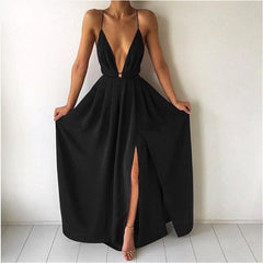Deep V Neck Side Split Spaghetti Strap Maxi Dress
