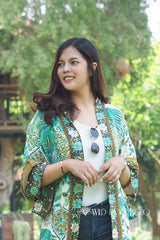 Boho Robe, Kimono Robe,  Beach Cover up, Short Robe, Flamingo in Green
