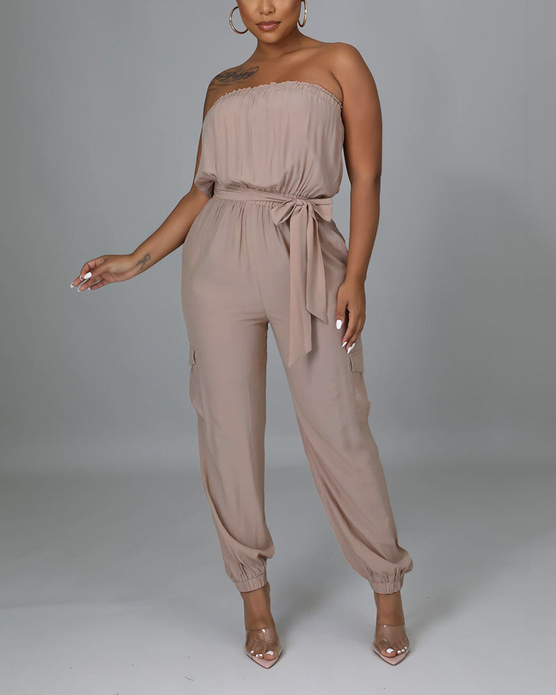 Solid Belted Flap Pocket Frill Trim Strapless Jumpsuit