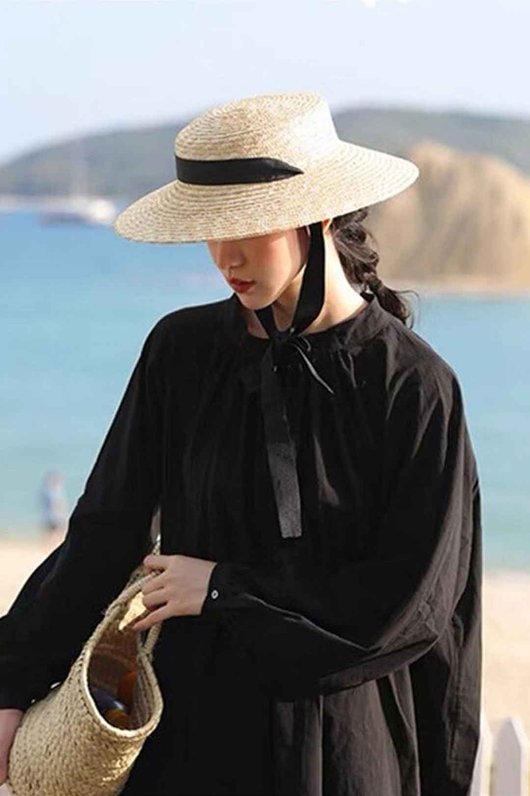 Boho Hat, Sun Hat, Beach Hat, Wide Brim Straw, Leah Black Ribbon