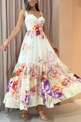 Romantic Date Floral Ruffle Detail Pocketed Corset Maxi Formal / Vacation Dress