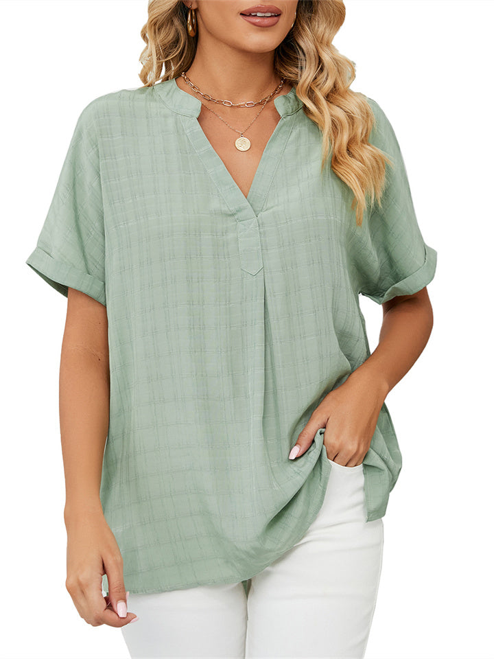 New Thin Section V-neck Casual Set Head Solid Color Loose Temperament Commuter Three-quarter Sleeve Shirt Comfortable Casual Tops Female