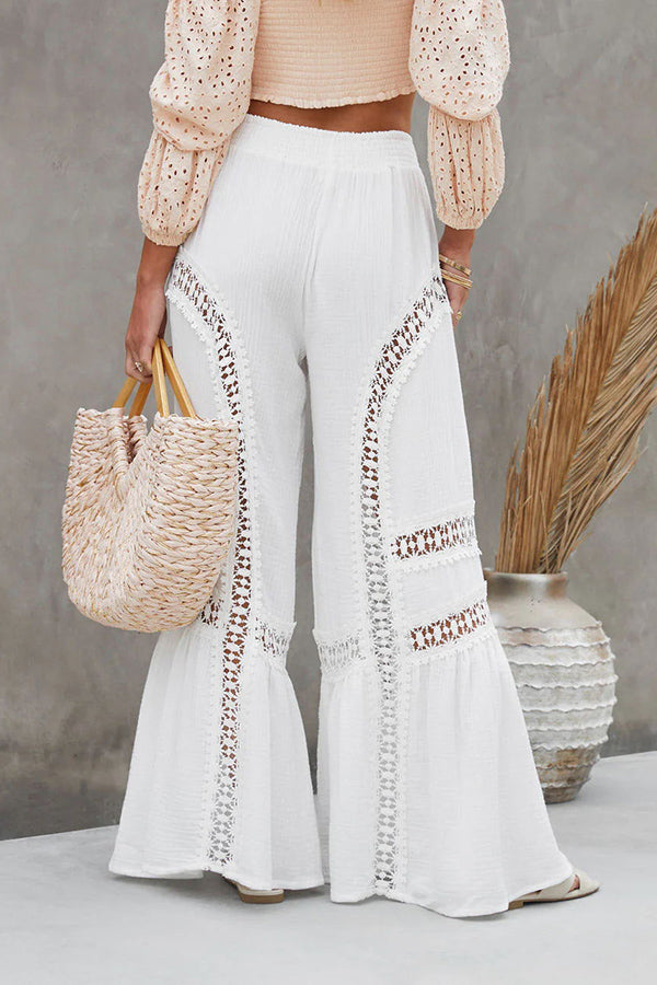 Kyomi Cotton Blend Embroidered Lace Elastic Waist Flare Pants