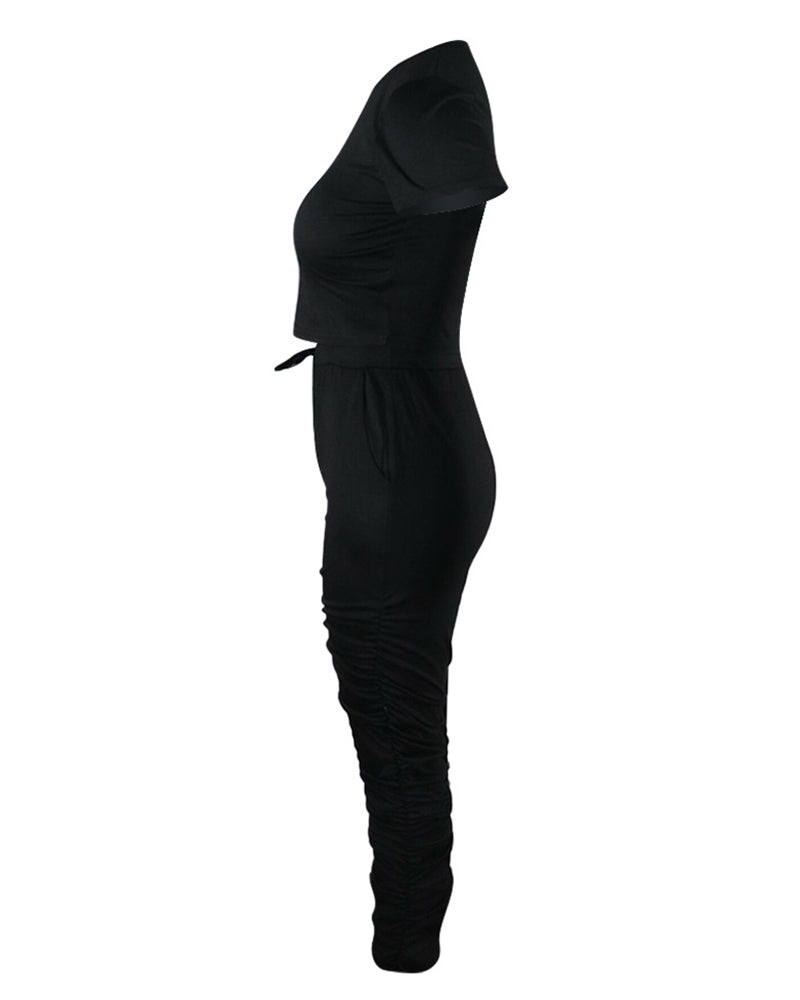 Solid Crop Top & Drawstring Ruched Pants Set
