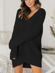 Loose V-neck Solid Dress Sweater