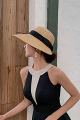 Boho Hat, Sun Beach Hat, Vintage Raffia Straw Hat Isla Black Ribbon