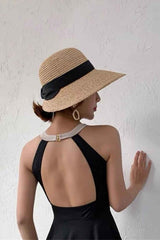 Boho Hat, Sun Beach Hat, Vintage Raffia Straw Hat Isla Black Ribbon