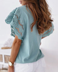 Hollow Out Scallop Lace Trim Flutter Sleeve Blouse