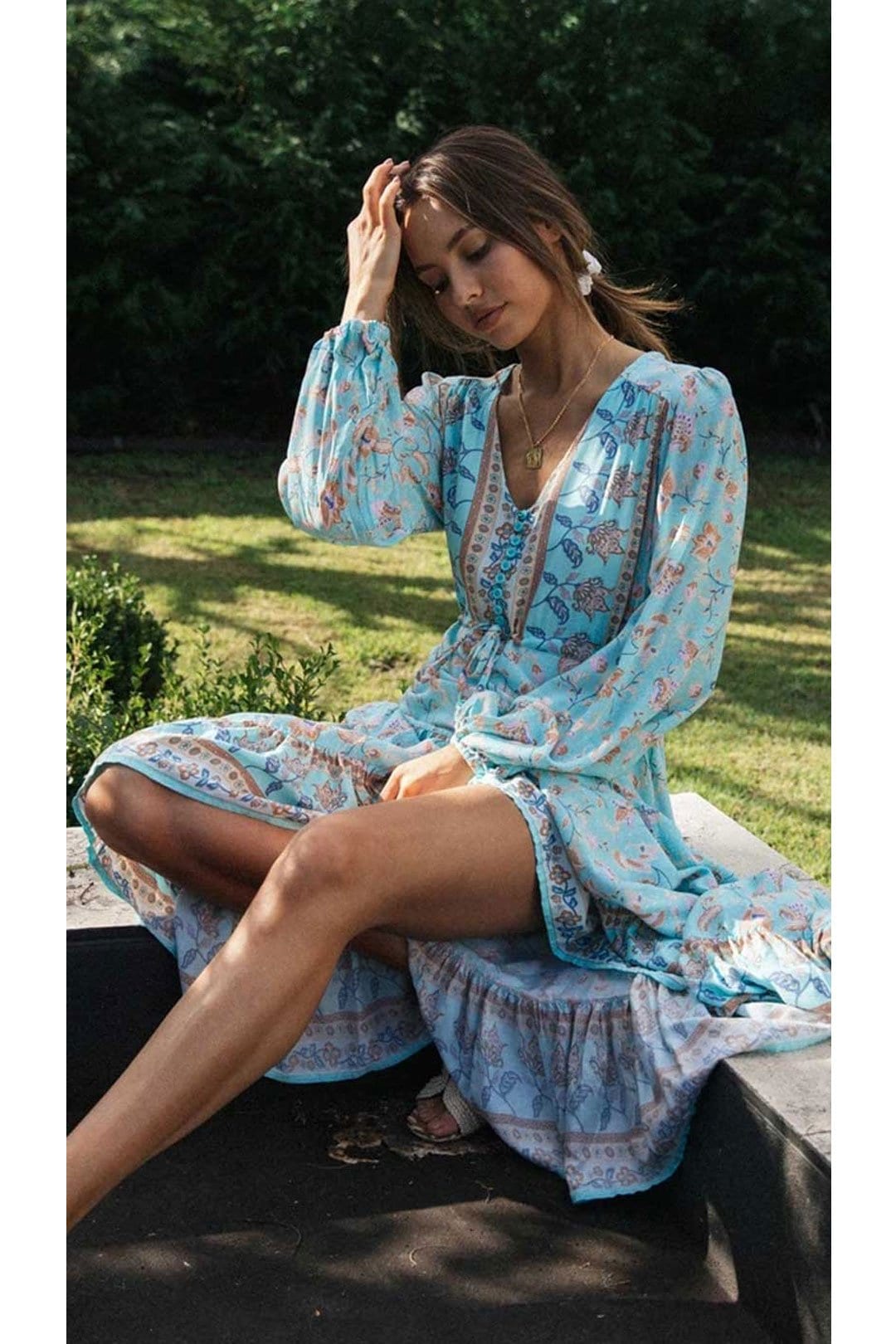 Boho Maxi Dress, Gown, Vacation in  River Blue