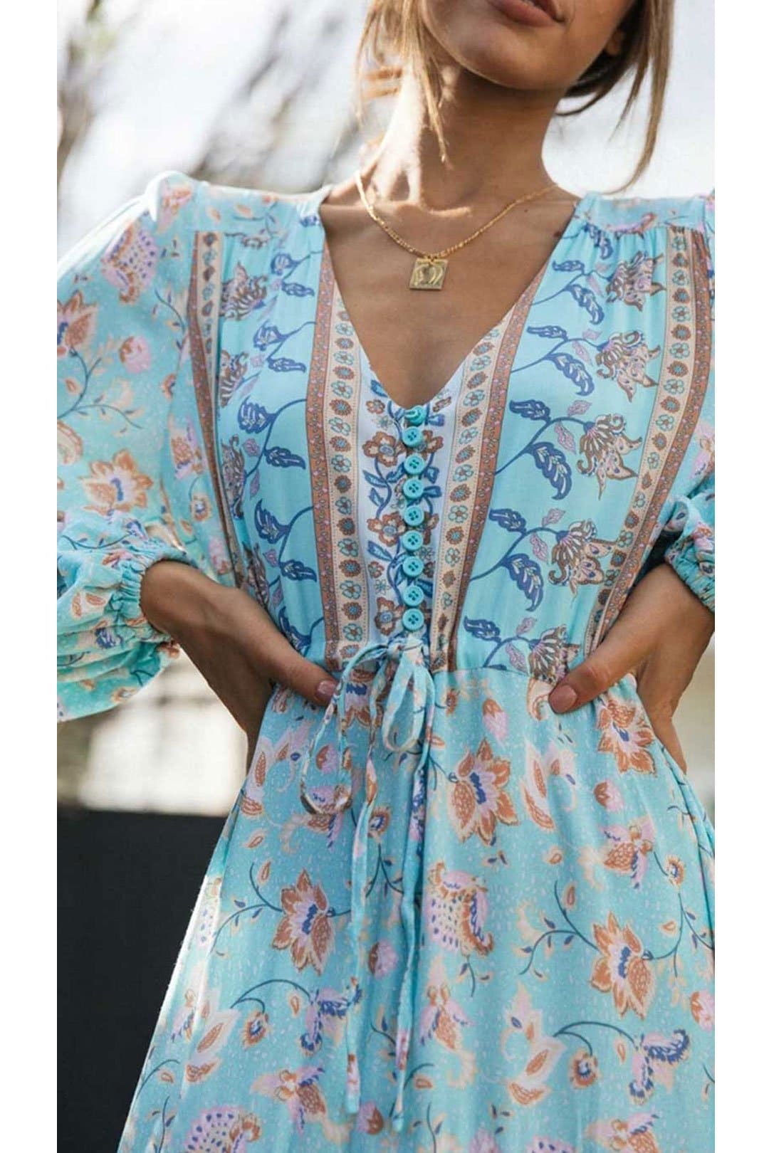 Boho Maxi Dress, Gown, Vacation in  River Blue