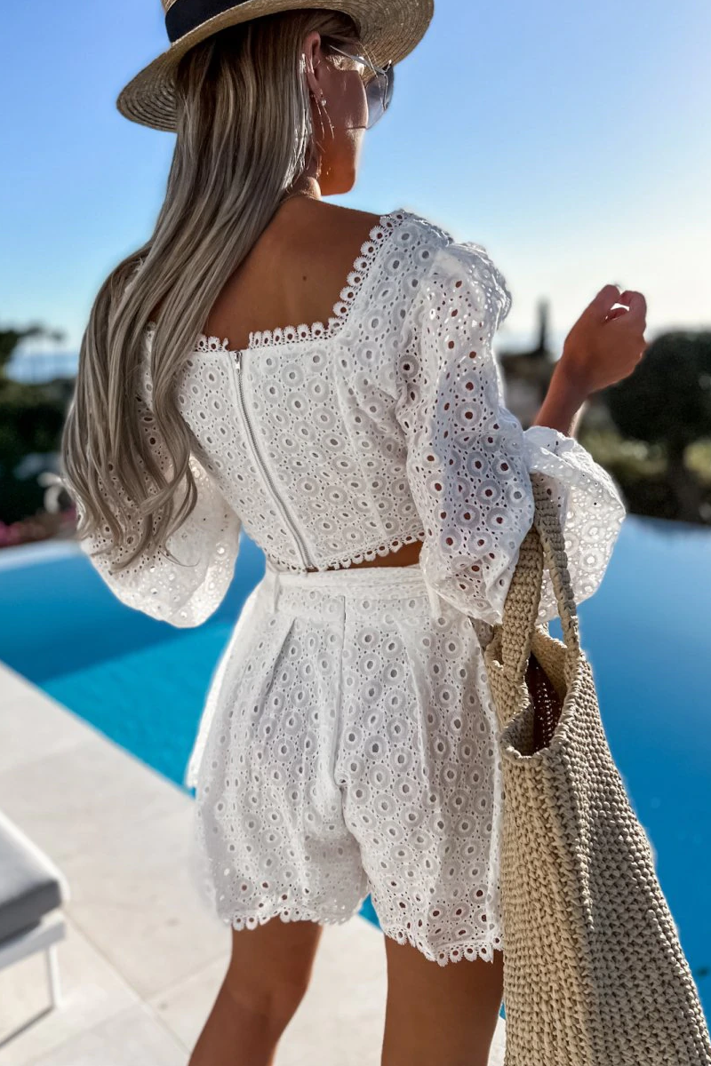 Hollow Lantern Sleeve Cropped Top + Belt Shorts