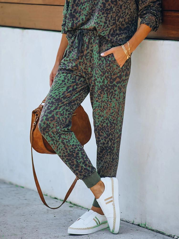 Leopard Pocket Lace-up Long Sleeve Two-piece