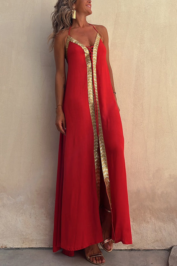 Del Mar Sequin Trim Lace-up Halter Elastic Back Maxi Dress