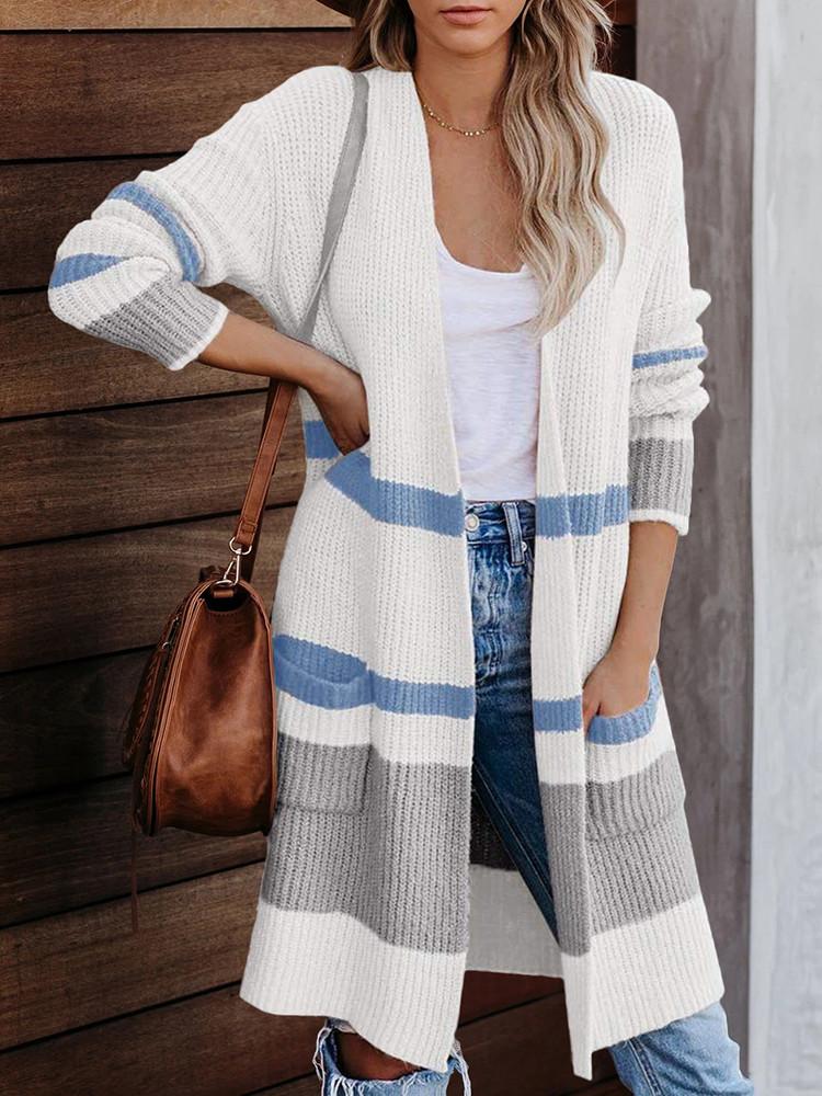 Pocket Stripe Stitching Knitted Cardigan