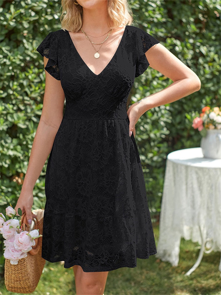 Women's Summer V-neck Ruffle Sleeve Dress Floral Lace Lace-up A-line Dress White Black Red Apricot Green Blue Pink S-2XL