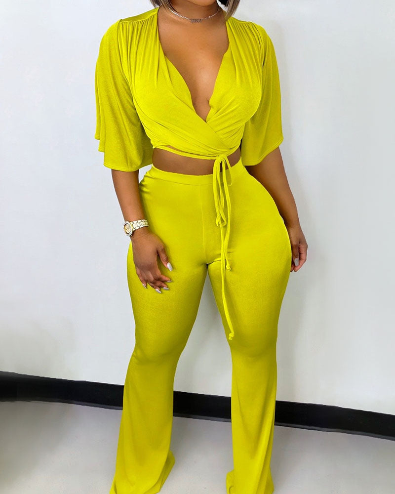 Velvet Wrap Tie Front Crop Top & Pants Set