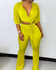 Velvet Wrap Tie Front Crop Top & Pants Set