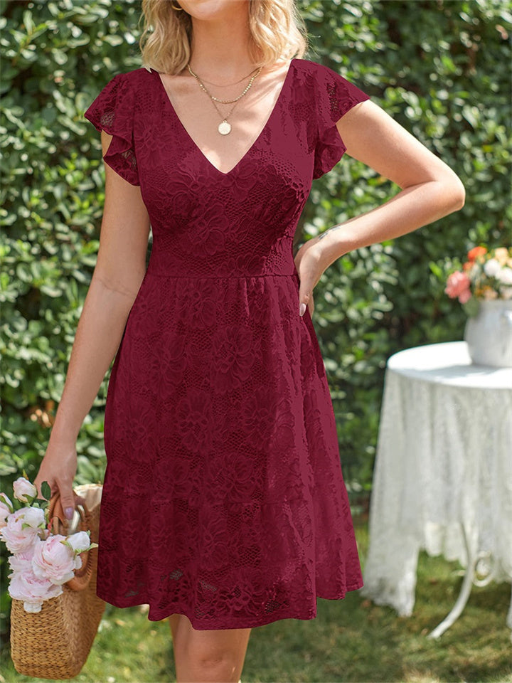 Women's Summer V-neck Ruffle Sleeve Dress Floral Lace Lace-up A-line Dress White Black Red Apricot Green Blue Pink S-2XL