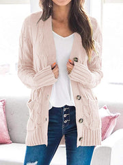 Loose Cable Button Solid Sweater Cardigan with Pockets