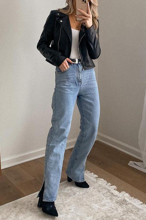 High Waist Ripped Slit Jeans