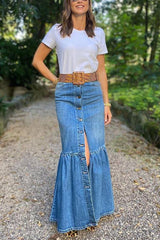 Button Up High Waist Flare Hem Denim Skirt