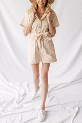 Turndown Collar Button Belted Romper
