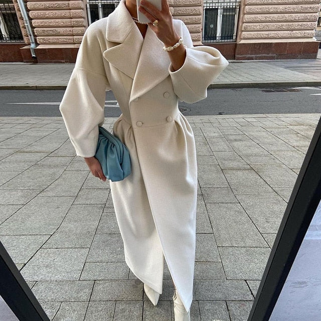 Lapel Double-Breasted Office Woolen Windbreaker Long Coat