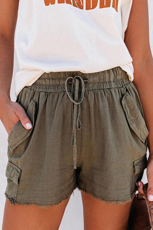 Raw Edge Pockets Drawstring Shorts