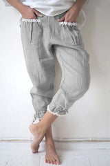 Lace Hem Drawstring Stripe Pants