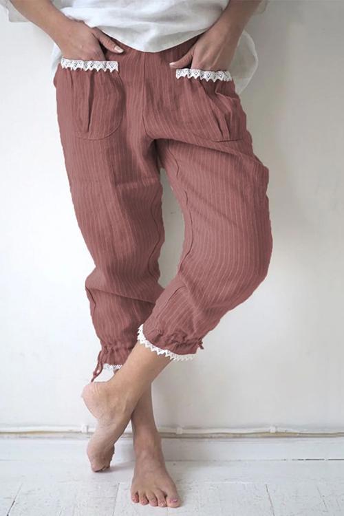 Lace Hem Drawstring Stripe Pants