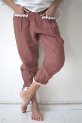 Lace Hem Drawstring Stripe Pants