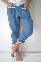 Lace Hem Drawstring Stripe Pants