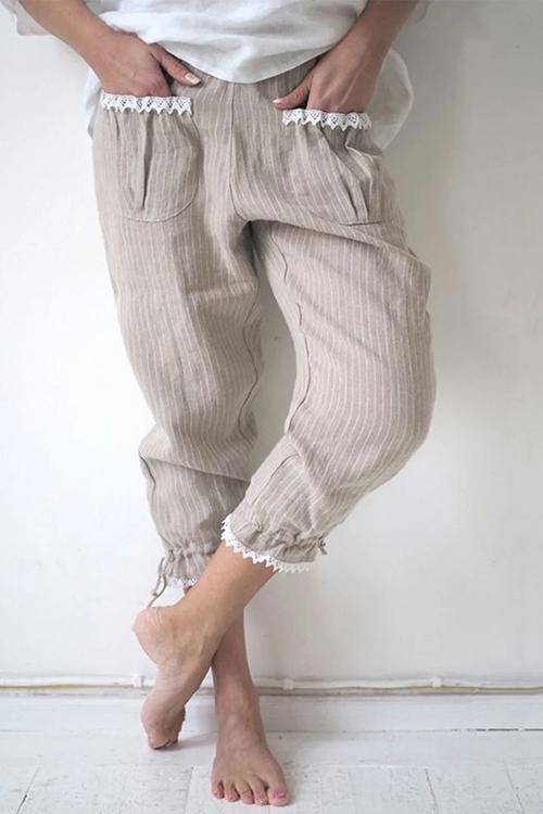 Lace Hem Drawstring Stripe Pants