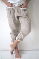 Lace Hem Drawstring Stripe Pants