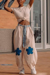 Elastic Flower Balloon Leg Pants