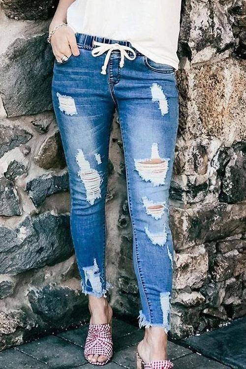 Ripped Drawstring Denim Jogger