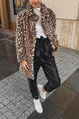 Pockets Leoaprd Faux Fur Lapel Coat