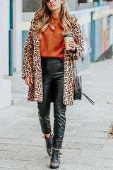 Pockets Leoaprd Faux Fur Lapel Coat