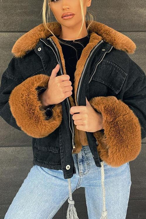 Detachable Fuzzy Faux Fur Collar Denim Coat