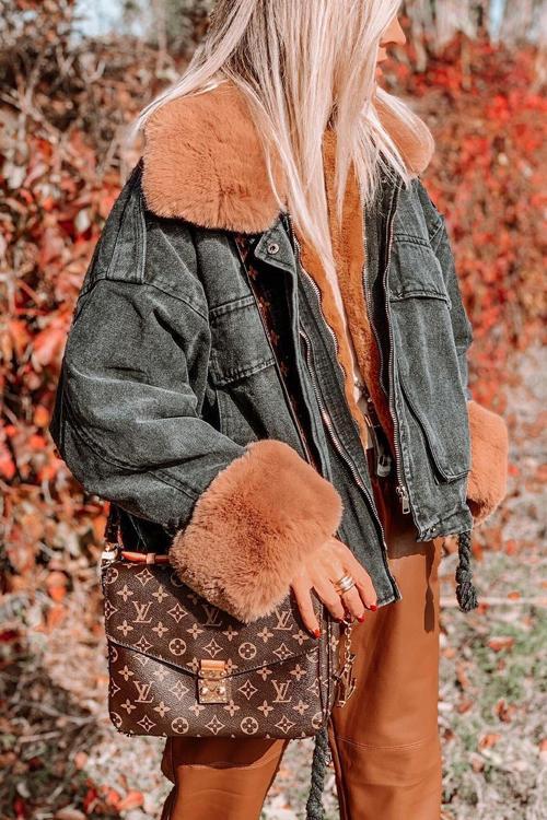 Detachable Fuzzy Faux Fur Collar Denim Coat
