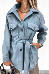 Lapel Solid Pockets Button Belt Coat