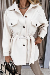 Lapel Solid Pockets Button Belt Coat