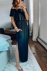 Off Shoulder Side Slit Maxi Dress