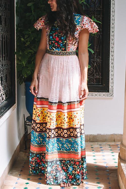 Vintage Print Lace Maxi Dress