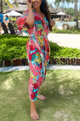 Leaf Print Bat Maxi Cover Dress