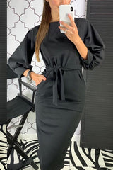 Puff Sleeve O Neck Belted Dress