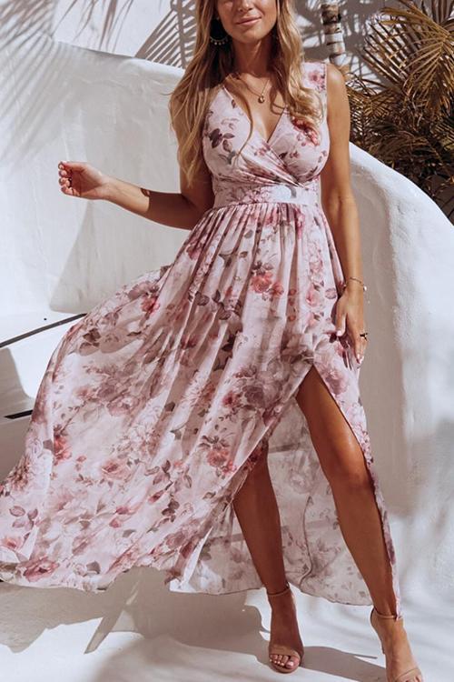 V Neck Floral Print Maxi Dress