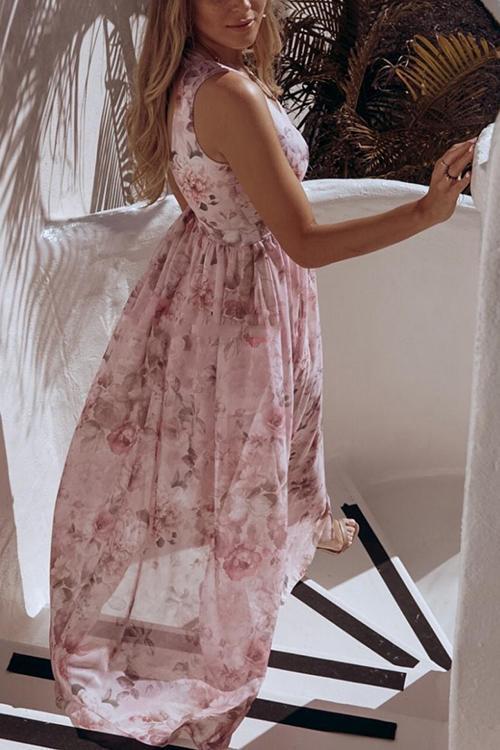 V Neck Floral Print Maxi Dress