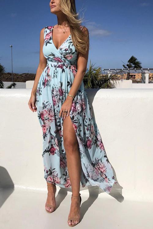 V Neck Floral Print Maxi Dress