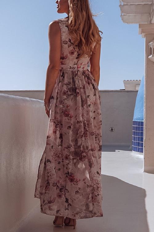 V Neck Floral Print Maxi Dress